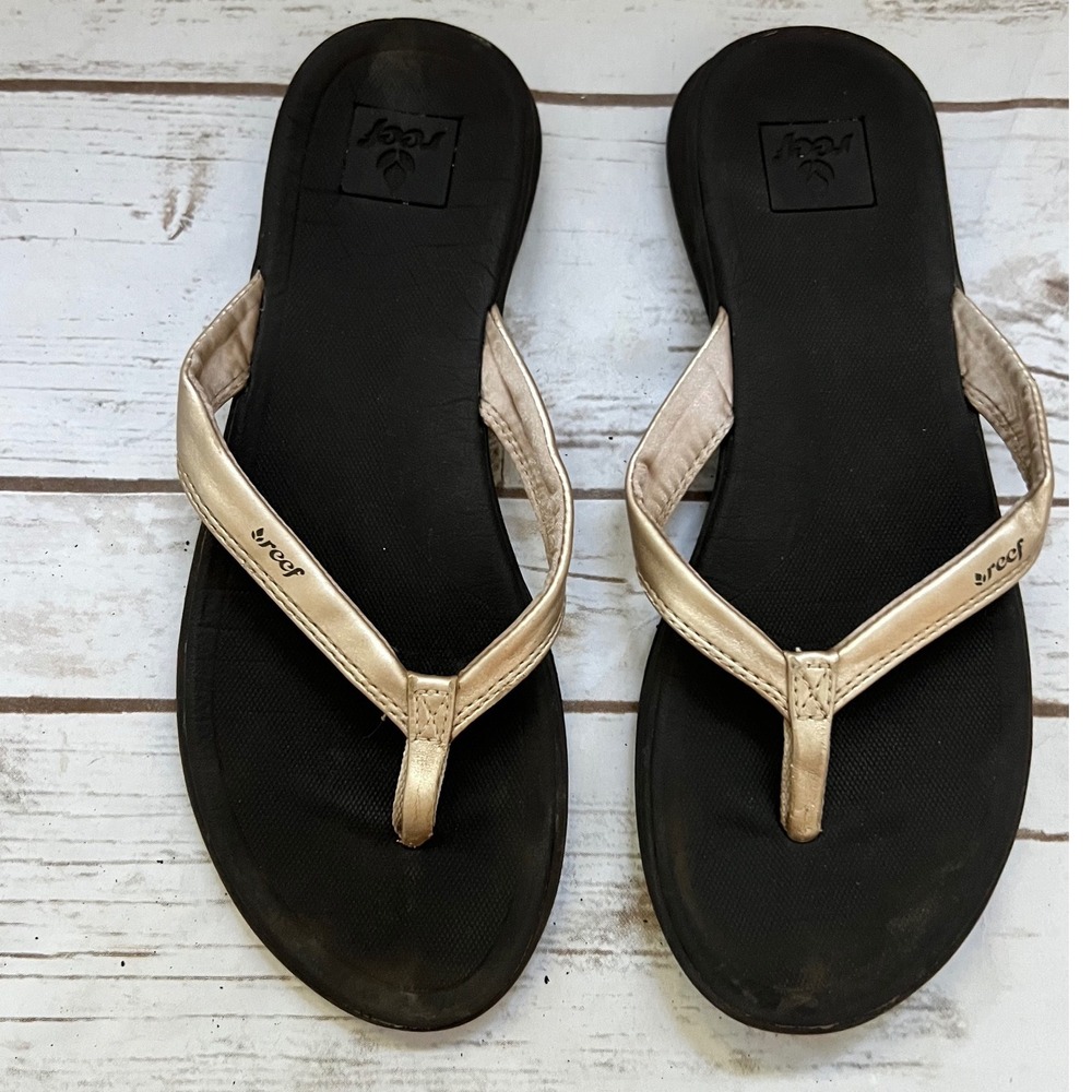 Reef Flip Flops Gold Black Metallic Thong Sandals Size 7